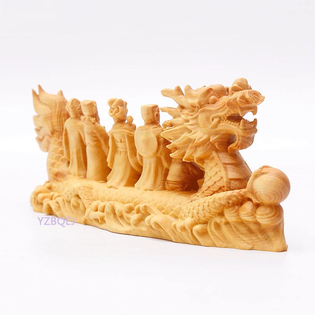 Seven Lucky Gods Treasure Ship Natural Boxwood Auspicious Wooden for Academic Housewarming Buddhist Gods of Wooden Carving of the Seven Lucky Gods 7 x