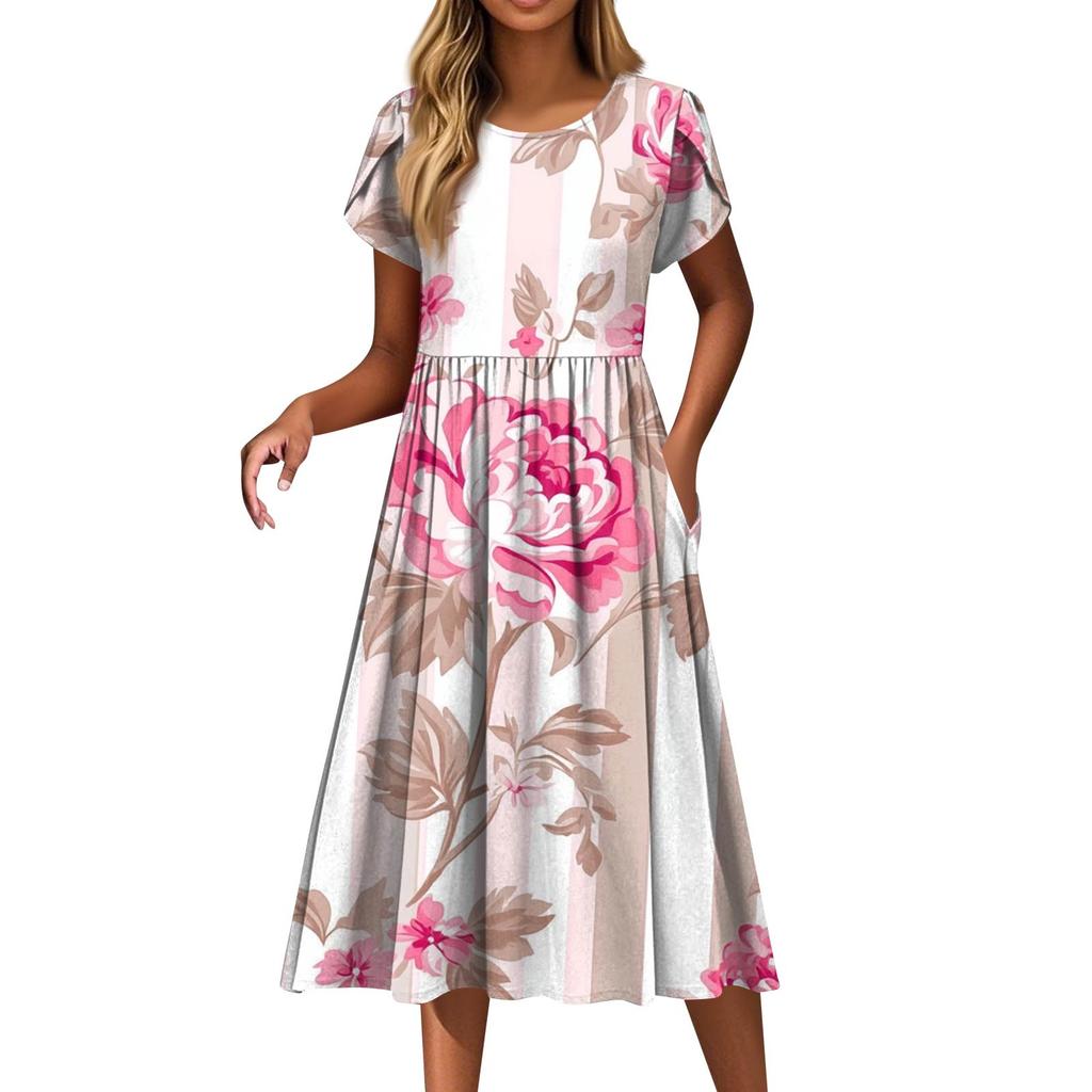 Dámské módní ležérní šaty s volným potiskem s kulatým výstřihem a kapsou s krátkým rukávem