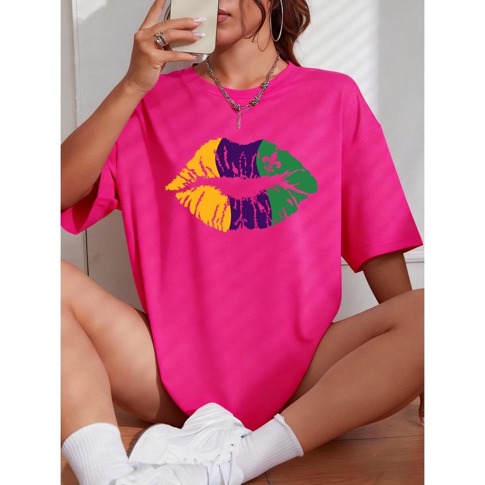 Happy Carnivals Creative Lips Printed Women T-Shirt Cotton Y2K T Shirts Comfortable Short Sleeve Oversized Summer