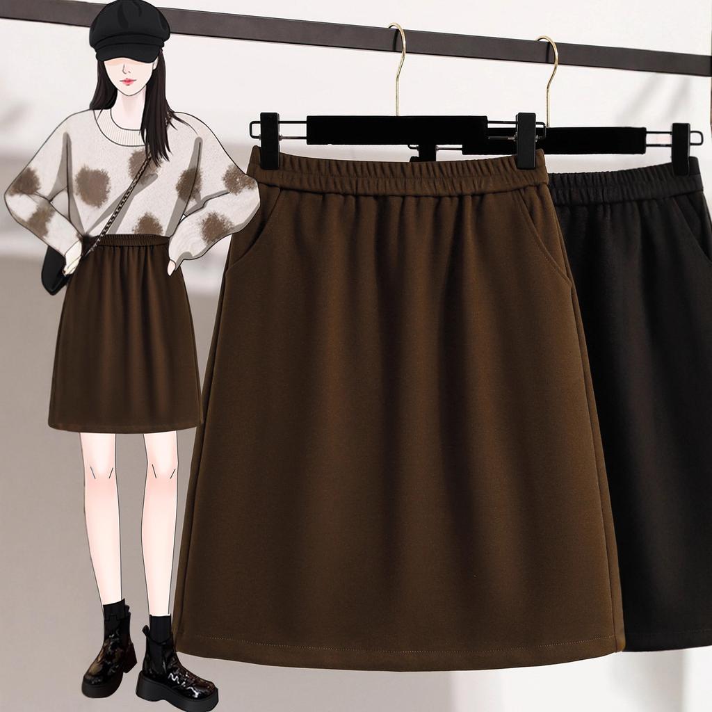 Women's Elastic Waist Wool Midi Skirt Slim Fit Plus Size A Line Skirt Elegant Commuter Autumn Casual Short Skirt