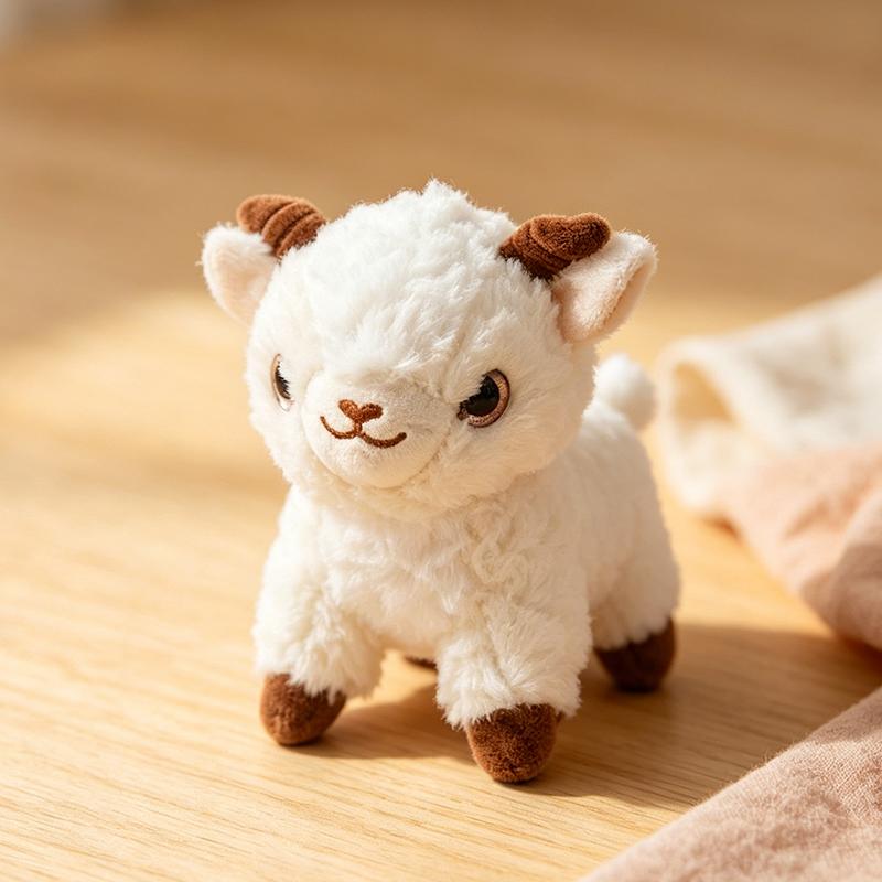 Cute White Baby Goat Plush Doll Soft Fluffy Sheep Stuffed Animal Toy With Brown Horns Kawaii Small Farm Animal Figure