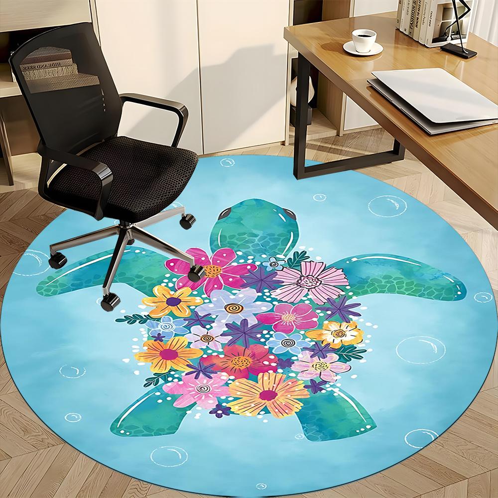1pcSea Turtle Flowers Office Round Area Rug, Indoor Mat Suitable ForOffice, Under Office Chairs Bedroom Living Room Home Decor, Room Deco 094