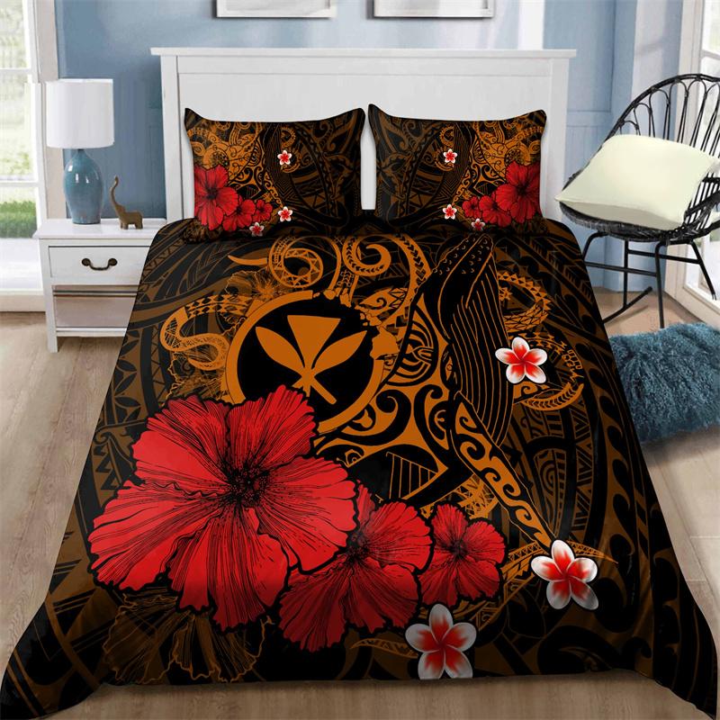 Hibiscus Floral Duvet Cover Tribal Polynesian Turtle Bedding Set Hawaiian Polyester Comforter Cover King Size For Kid Adult Teen