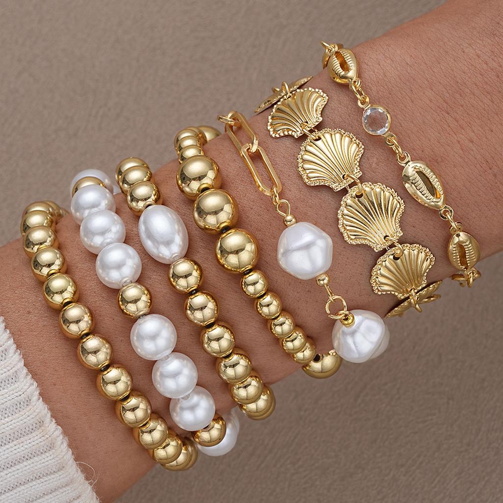 7-teilige Perlenarmbänder mit Imitationsperlen für Damen, Bohemian, goldfarben, Muschel, Zirkon, Armband-Sets, Schmuckgeschenke für den Sommerurlaub