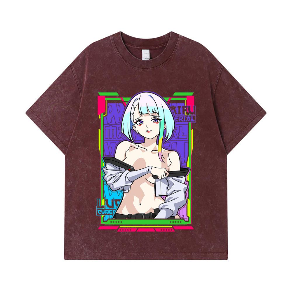 275 GSM Washed T-shirts 100% Cotton Cyberpunk V11 Lucy Waifu Print Unisex Heavy Cotton T Shirt