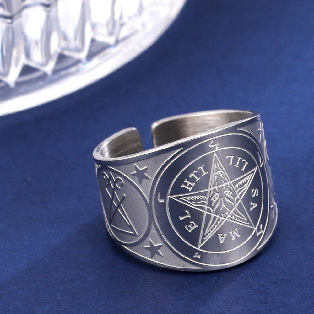 COOLTIME Pentagram Men Ring Stainless Steel Tetragrammaton Amulet Solomon Wiccan Jewelry for Protection