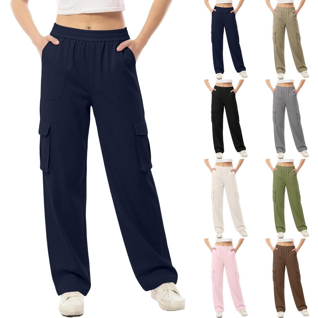 Women's Color Elastic Waist Cargo Pants with Pockets Casual Work Trousers