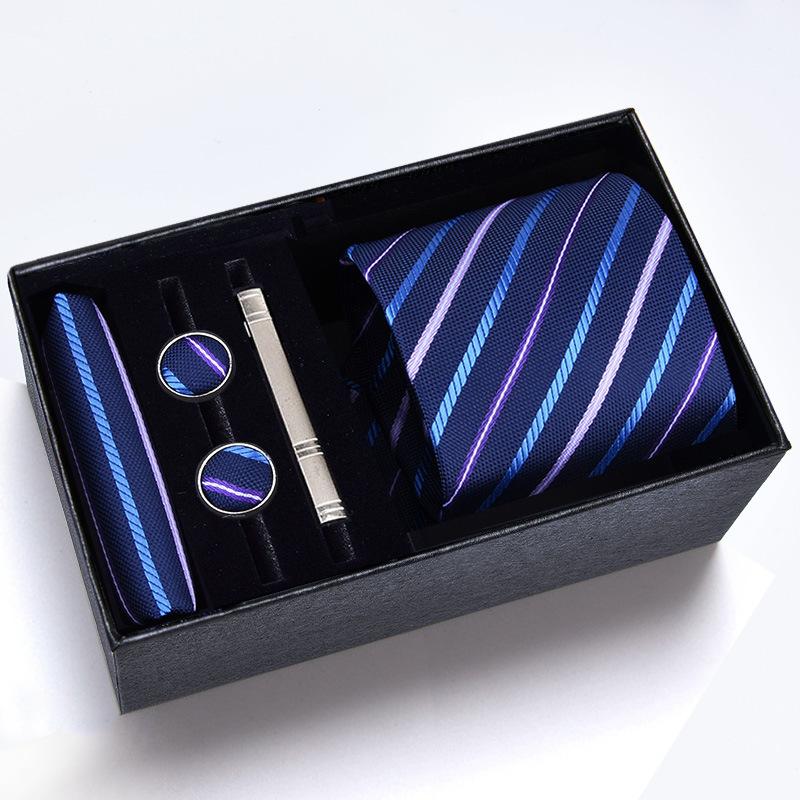 Gift Box Men'S Tie Square Scarf Cufflinks Tie Clip Five-Piece Set, Formal Business Blue Stripes