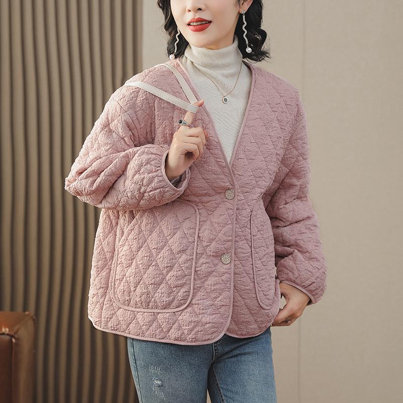 

Дизайн Ромбовидный V-образный вырез куртка для женской осенней и зимней повседневной верхней одежды короткая одежда L120-140 розовый