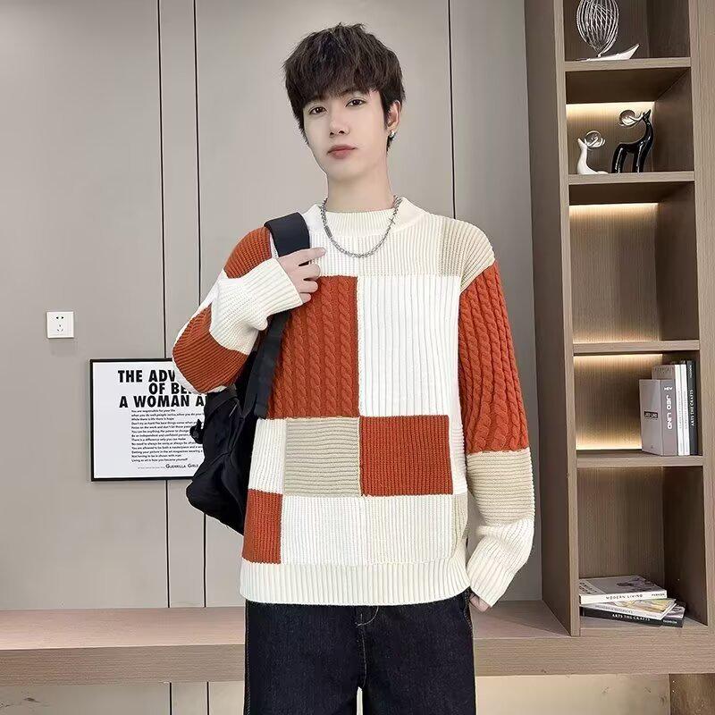 Men's Winter Thickened Color Block Knit Sweater - Warm, Casual, Trendy Fashion