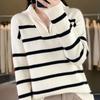 Autumn and winter new thickened striped turtleneck zipper women's long-sleeved knitted sweater lapel color strip pullover bottoming shirt