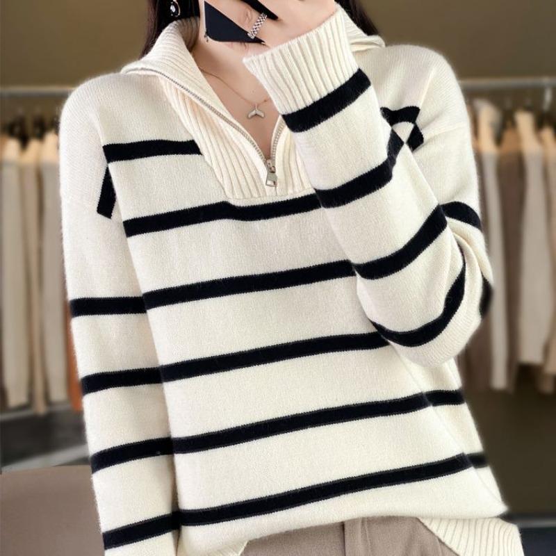 Autumn and winter new thickened striped turtleneck zipper women's long-sleeved knitted sweater lapel color strip pullover bottoming shirt