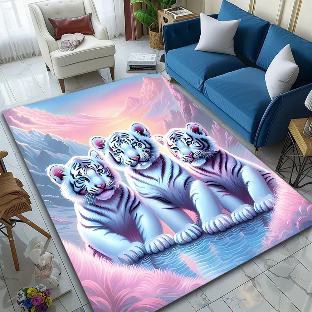 White Tiger Cubs in Mystical Sunset Scene Patterned carpet, suitable as a non slip play mat for the living room and bedroom sofa