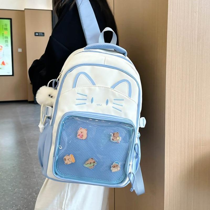 Japanese Ins Cute Cat Backpack Female Transparent Bar Pain Bag New Large-capacity Schoolbag Middle School Student Backpack