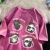 Cat coffee stylish summer loose short-sleeved Men's and Women's coffee cat old-fashioned washed fun Cat T-shirt