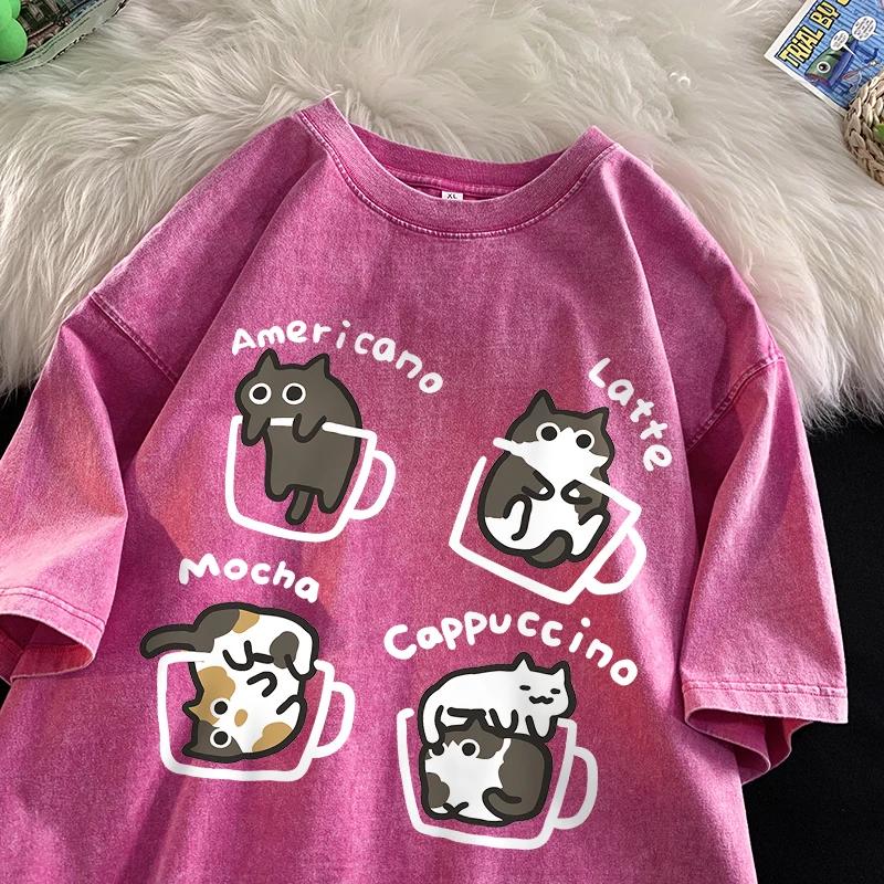 Cat coffee stylish summer loose short-sleeved Men's and Women's coffee cat old-fashioned washed fun Cat T-shirt