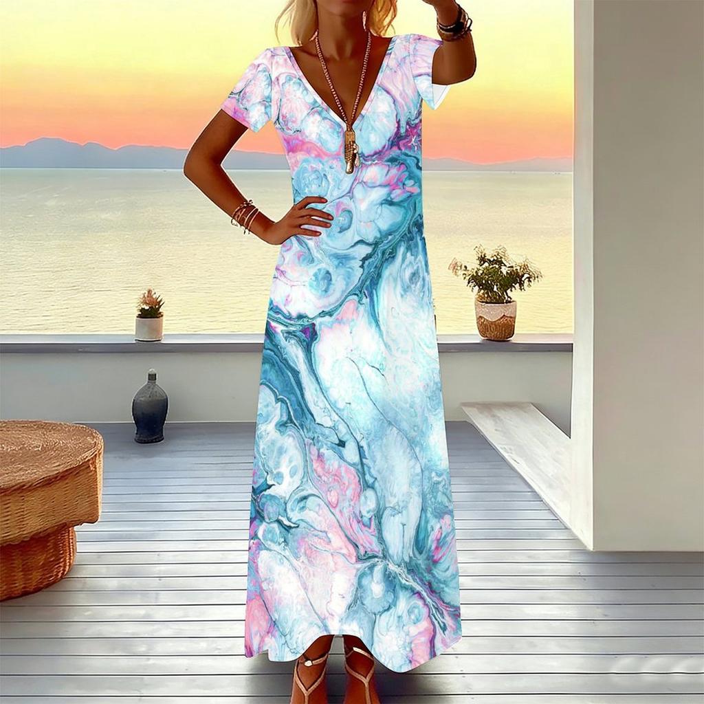 Women Plus Size V Neck Short Sleeve Maxi Dress Soft Tie Dye Print Loose Summer Beach Long Dress