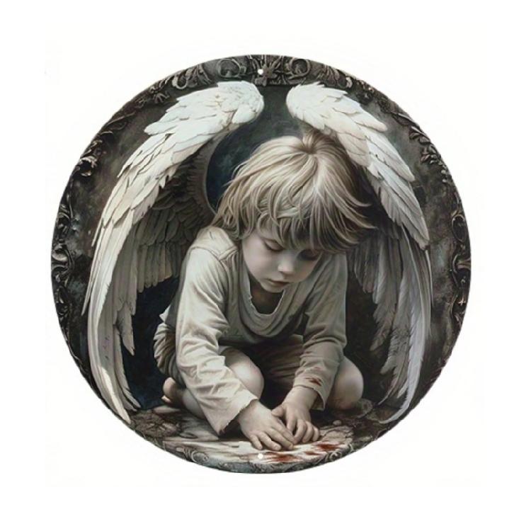 

Angel Reading Book Theme Wooden Hanging Sign Front Door Round Plaque For Home Holiday Garden Party Decoration Ornament