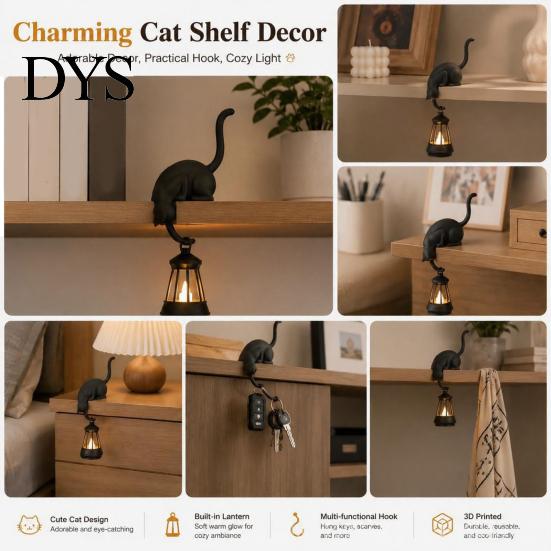 Figurina Animale Stile Vintage Gatto Appeso Stampato 3D con Lanterna Decorazione Scaffale, Carino Gatto Che Sbircia Tavolo Affascinanti Ornamenti Interni Statua Angolare, Gancio