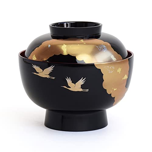 

Maeju Lacquerware Zoni Bowl with Lid, Black Interior with Red Crane Design and Gold Mica, Large, 450ml, Traditional Craftsmanship, Yamanaka Lacquerwar