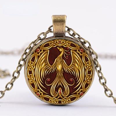 A Golden Phoenix Necklace With A Convex Glass Pendant Chain, Suitable For Both Men And Women.