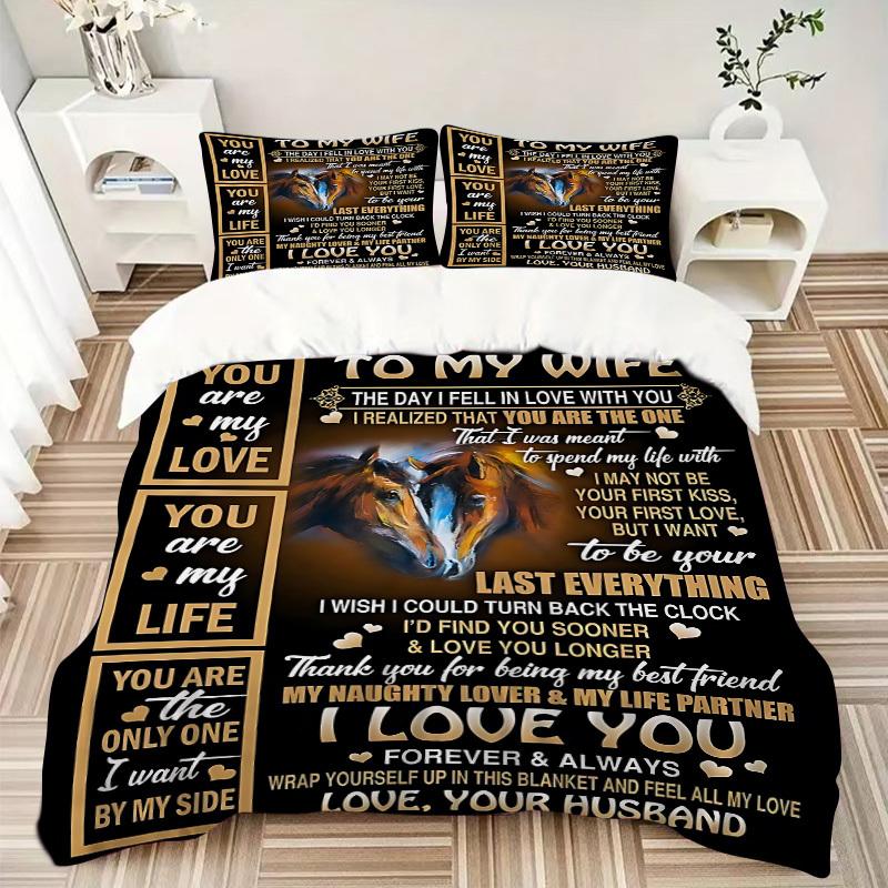 3pcs Love Quotes for Wife Duvet Cover Set, Cover For Bedroom Guest Room (1 Duvet Cover + 2 Pillowcase, Without Quilt),  Yy250922219
