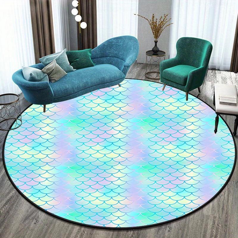 Round Area Rug Iridescent Mermaid Scale Pattern Soft Flannel Carpet for Kids Room Bathroom Floor Decor Non Slip Washable Home