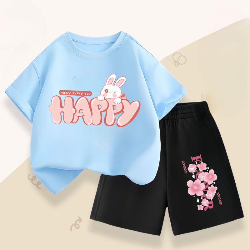 Summer Girls' Casual Set: Cute Rabbit Print Breathable T-shirt + Short-sleeved Pants Fashionable and Comfortable Set