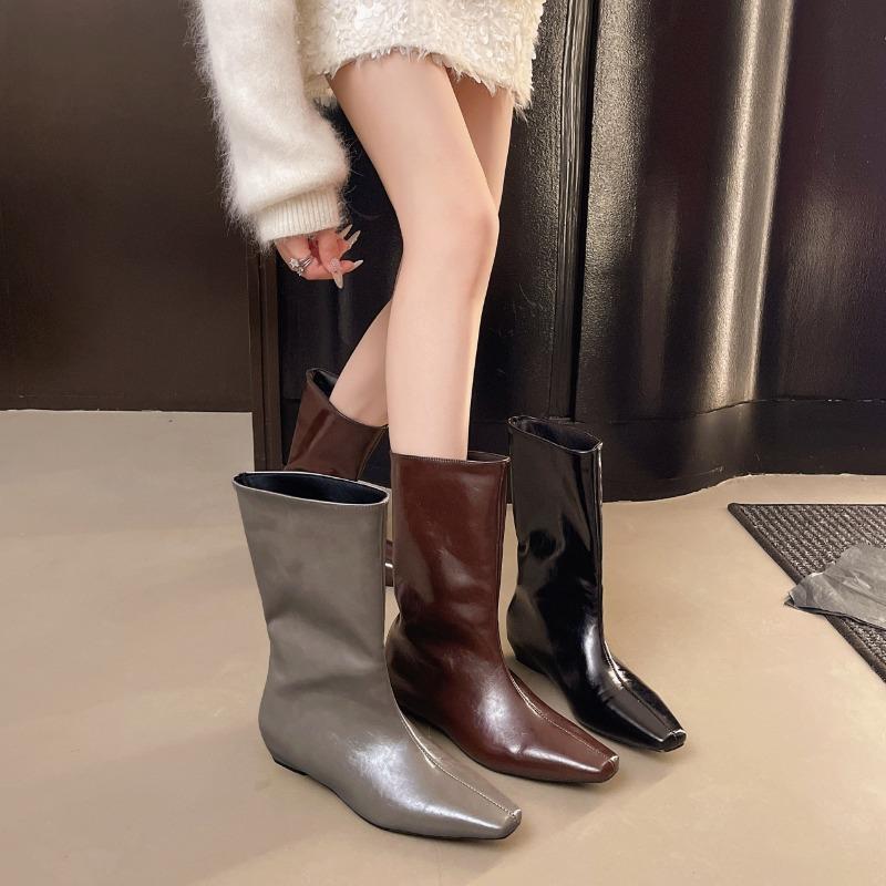 Inner heightening pointed brown Maillard medium boots women's shoes new spring and autumn winter long boots