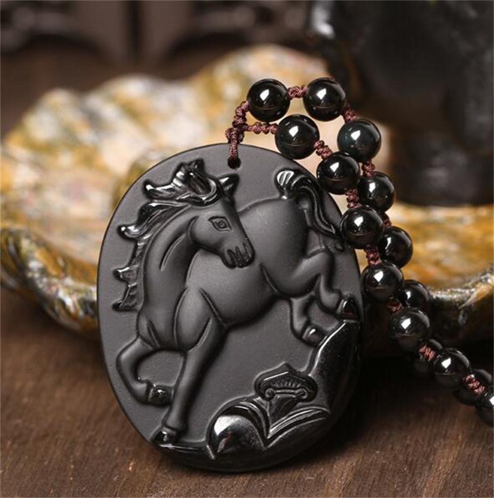Naturalny Czarny Obsydian Rzeźbiony Chiński Starożytny Dwanaście Zwierząt Zodiaku Szczęśliwy Amulet Wisiorek Koraliki Naszyjnik Modny Prezent Biżuteria