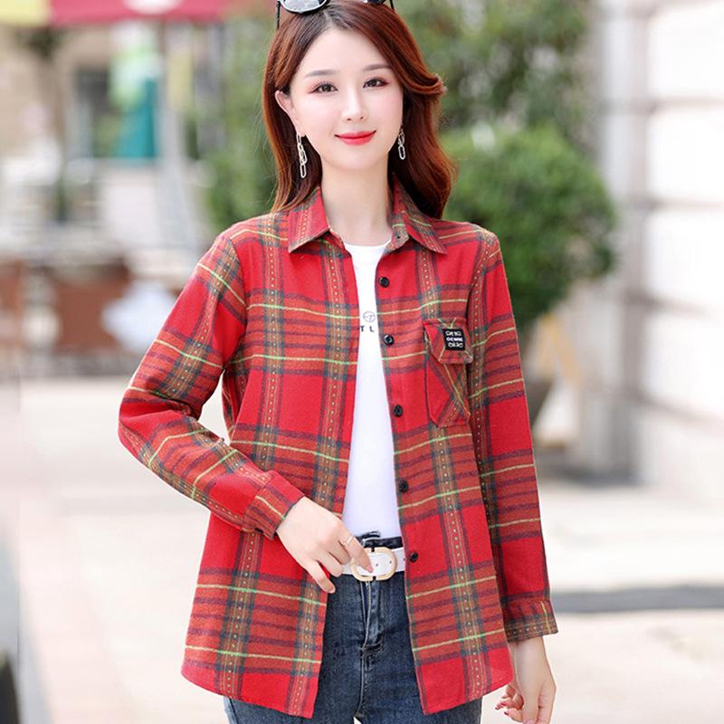 Damen Frühling und Herbst Kariertes Hemd Stehkragen Langarmhemd Vintage Lockeres Hemd