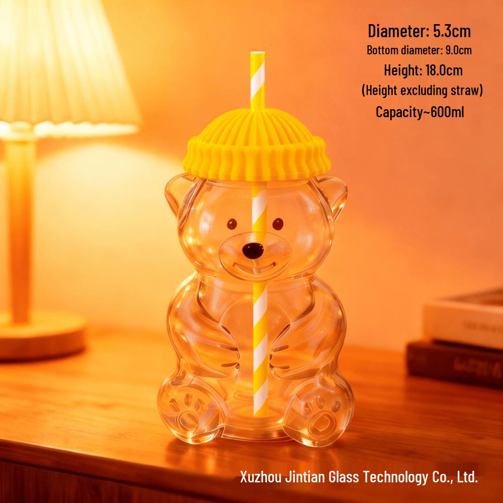 Hitzebeständiger Cartoon-Bären-Glasbecher mit Strohhalm - Süßes Borosilikatglas für Frauen