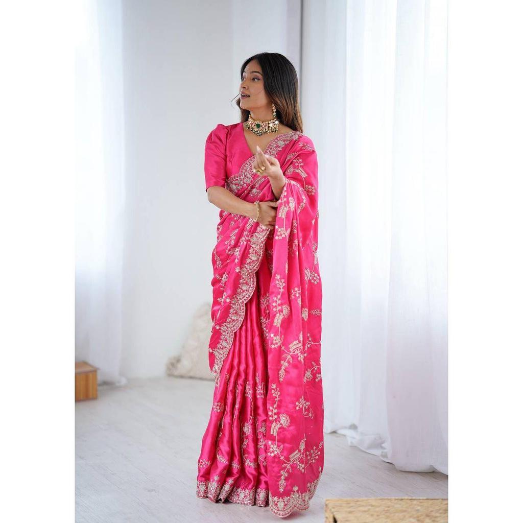 New Launch – Luxury Japan Satin Silk Saree with Coding & Sequins Embroidery Work