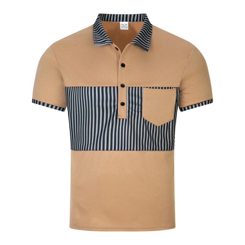 Fashionable Men's Casual Polo Shirt with Pocket Button, Long Placket, Collar, Striped Colour-Blocked Patchwork T-Shirt