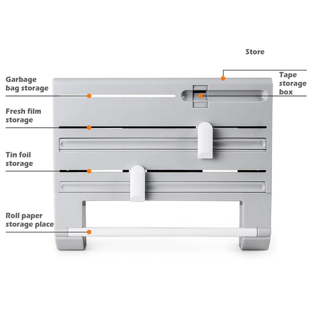 Multi-function Kitchen Storage Shelf Wrap  Triple Roll Paper Dispenser Tin Film Towel Holde Plastic Belt Cutter Wrap Film Cutter