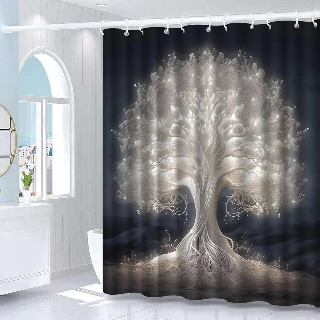 White Tree Pattern Shower Curtain, Artistic Tree Design, Polyester, All-Season Use, Hooks Included, Ideal for Bathroom Decor