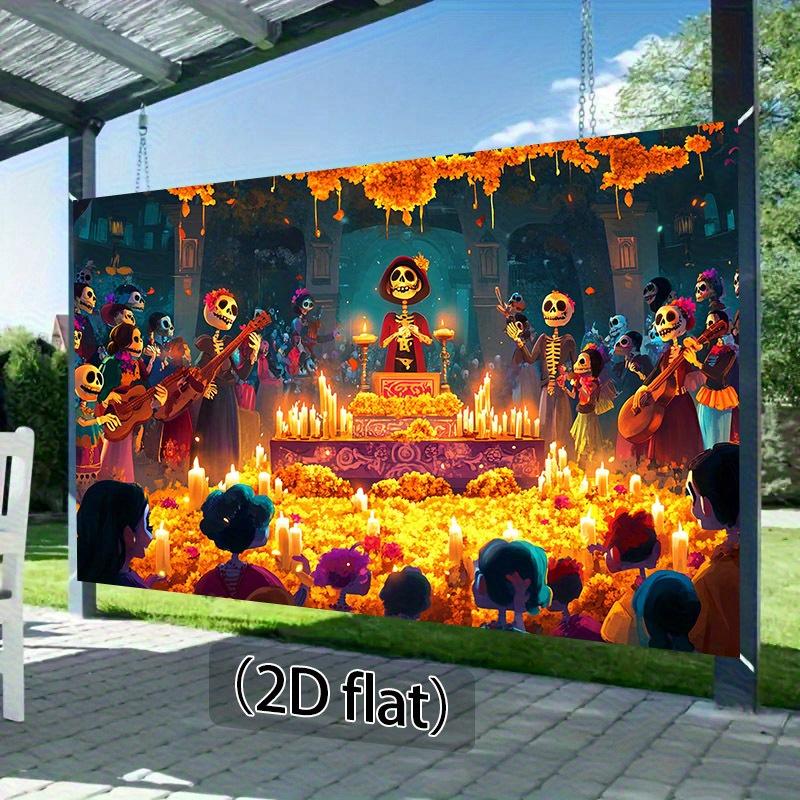 One 2D Flat Background Cloth for Halloween - Skeletons  Traditional Altars and Day of the Dead Marigold Wreaths  Halloween
