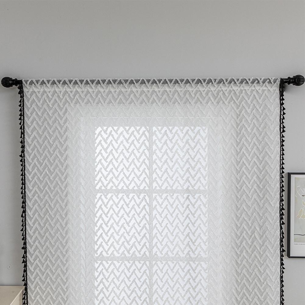 1PC LOZUJOJU Boho Geometric Herringbone Sheer Curtain with Tassels, Light Filtering Tulle for Living Room Bedroom Home Decor