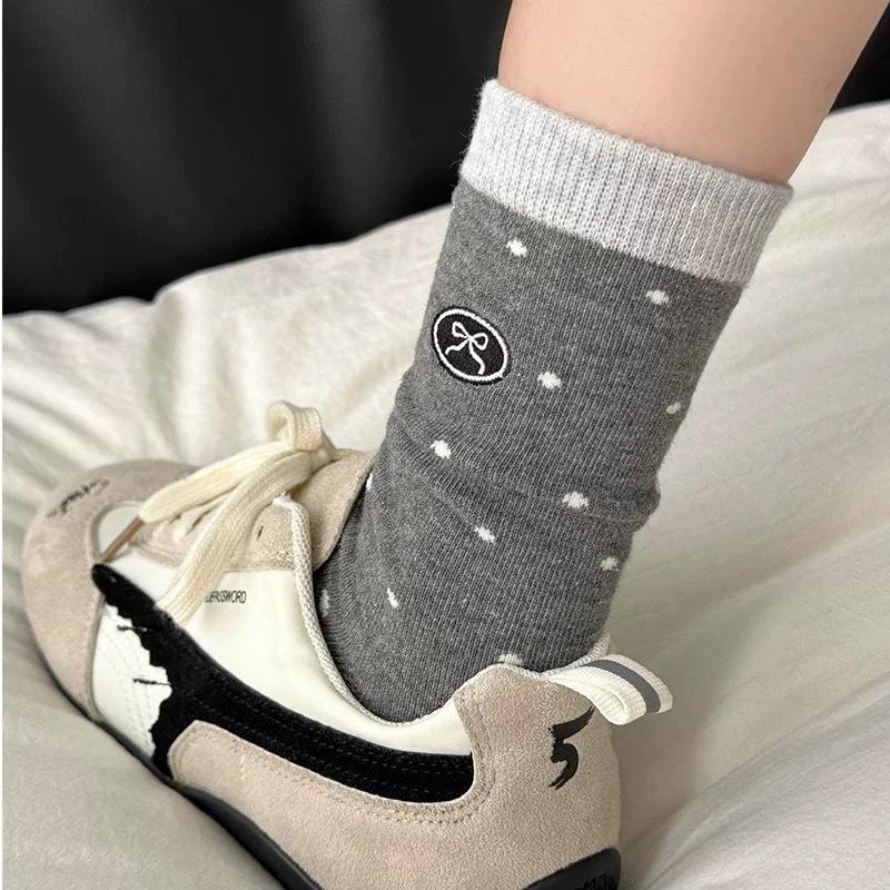 Coffee-colored Socks, Women's Polka Dot Mid-calf Socks, Autumn Cotton Socks, Trendy Embroidered Bows, Cute Pile Socks