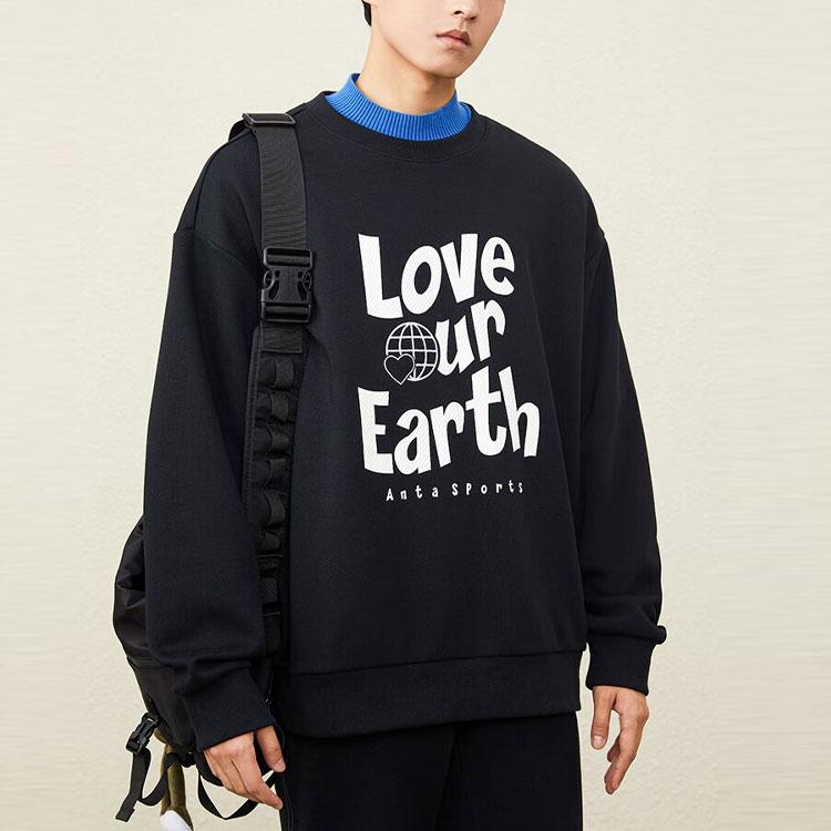 Anta Letter Round Neck Fleece Thick Warm Loose Sweatshirt Unisex Sweatshirt Black 952248713-2