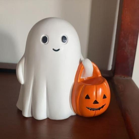 2/3Pcs Halloween Ghost Statue Holding Pumpkin Cartoon Ghost Resin Statue Figurine Sculpture Holiday Party Decoration Ornament