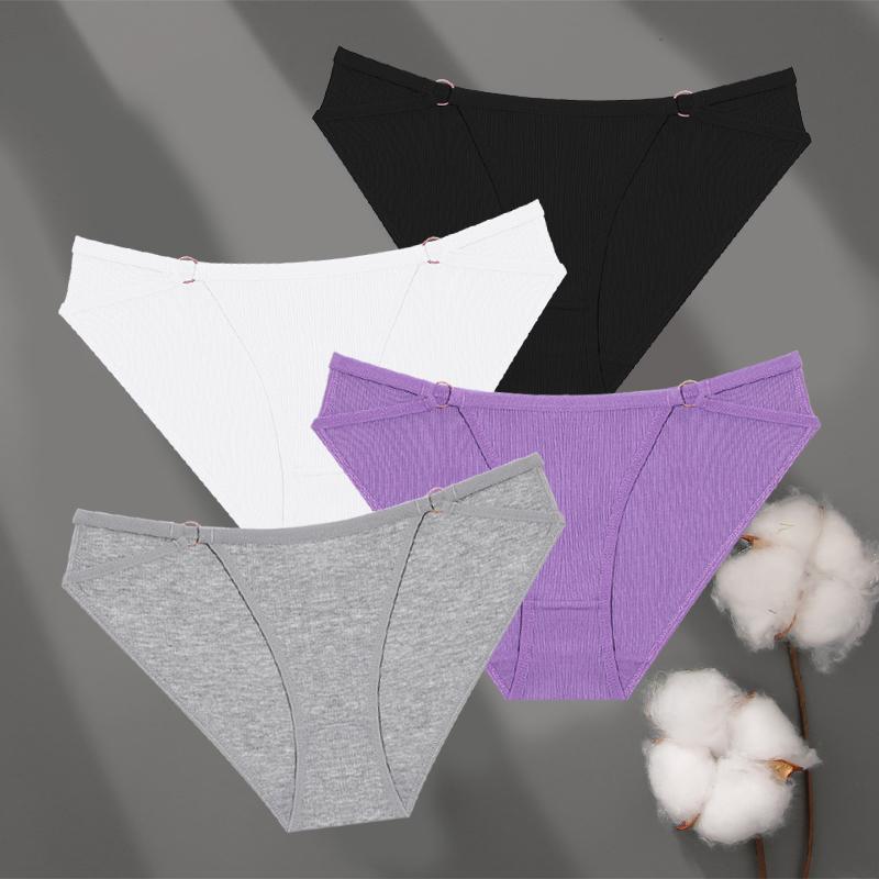 4Pcs Cotton Striped Underwear Women's Double Belt Panties Sexy Low Waist Solid Briefs Female Breathable Comfort Lingerie