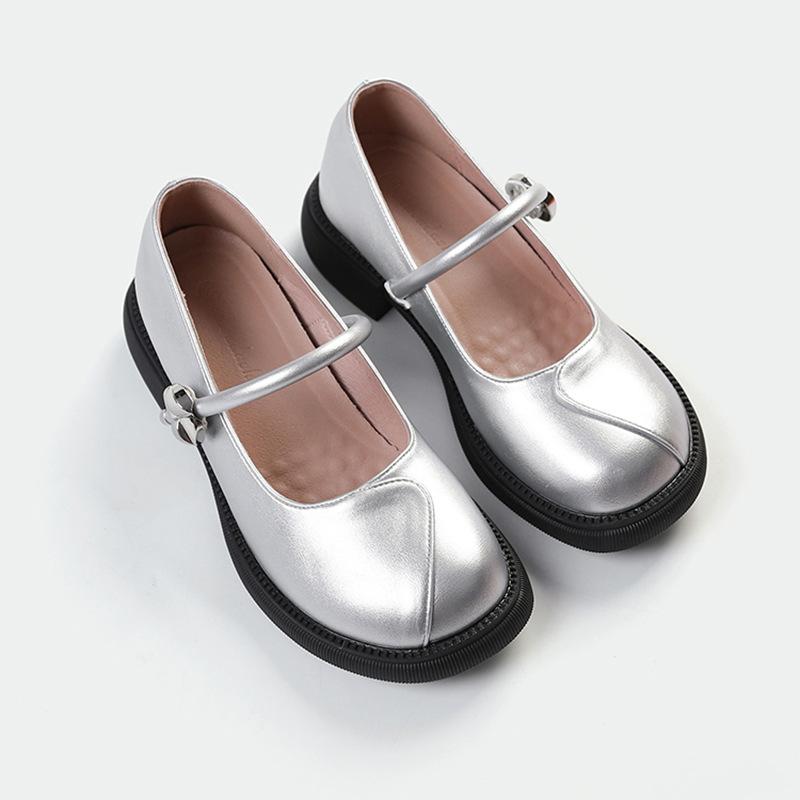 Small Inner Height Increase 3233 Small Size 2025 New One-word Buckle French Mary Jane Small Leather Shoes Women's Silver Single Shoes