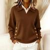 Damen Pullover Revers Langarm Locker Geschnitten Einfarbig Strickoberteile mit Knöpfen Taschen Herbst Winter Pullover