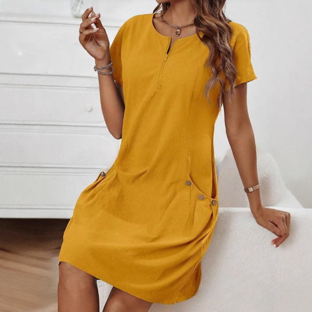 Ladies' Summer Casual Dress with Zipper Half Placket, Button Decoration, and Double Pocket Loose Fit, Cute Summer Jumpsuit