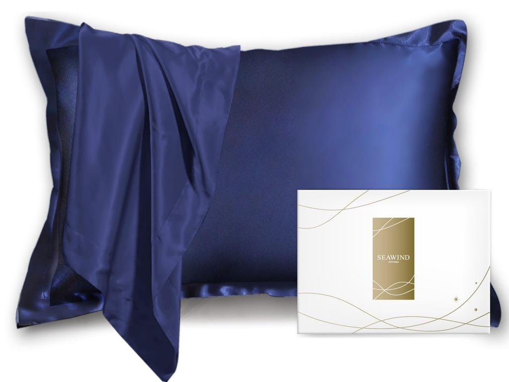 SEAWIND Silk Pillow 19 Shiny Beautiful Skin 43 x 63 Cover, Washable, Double-Sided Silk, Momme, 90% Silk, Hair, (Navy, cm)