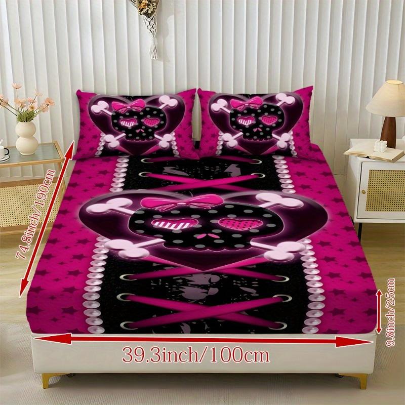 1pc Fitted Sheet Pink Purple Skull Heart 3D Print 100% Polyester Cover Breathable Bedding Set Home Decor without Pillowcases