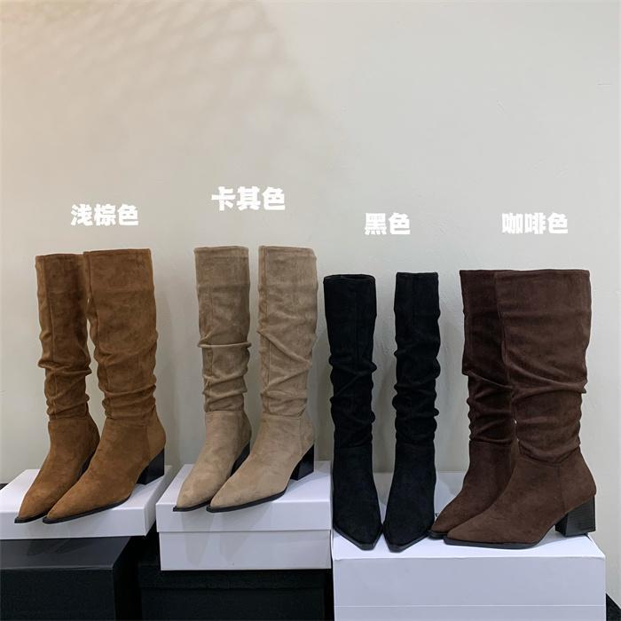 2025 autumn and winter new European and American fashion pointed thick heel pleated piled boots autumn and winter velvet high boots knight boots