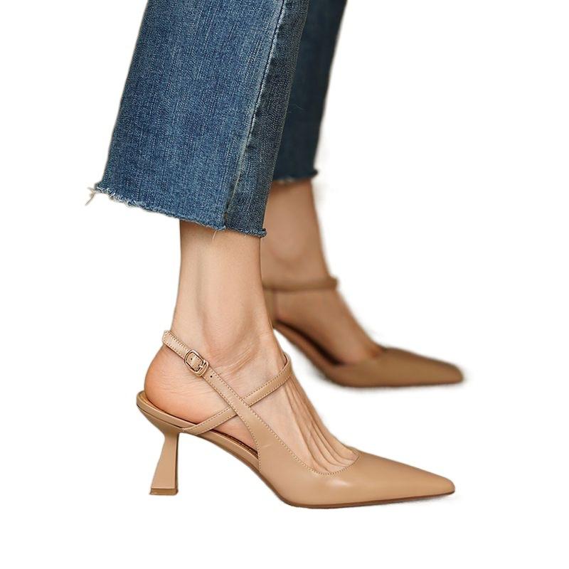 2024 Hot Sell New Pointy Shallow Mouth Thin Elegant Retro Flat Bun Head After Empty One Word Buckle Sandals Single Shoe Woman