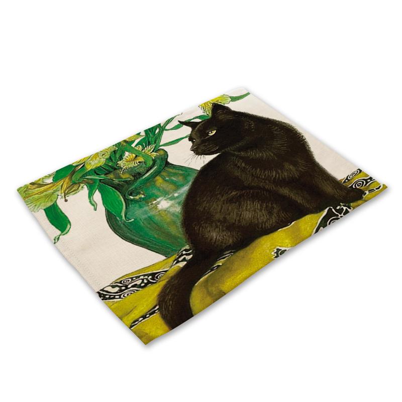 45X30cm Cute Cat Flower Pattern Placemat Dining Table Mats Cotton Linen Drink Coaster Western Pad Cup Mat For Home Decor Gifts